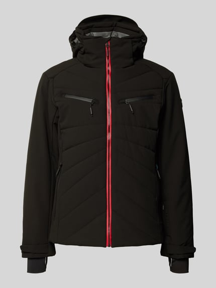Produktfoto, schwarze Steppjacke mit Kapuze Modell 'KARRAVAARA' von LUHTA, Regular Fit, rote Reißverschlüsse, strukturierte Oberfläche