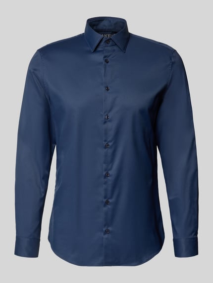 Produktfoto, Slim Fit Business-Hemd mit Kentkragen van Jake*s, donkerblauw, materiaalmix met stretch, knoopsluiting, ruglengte 71 cm, schouderbreedte 45 cm, mouwlengte 65 cm