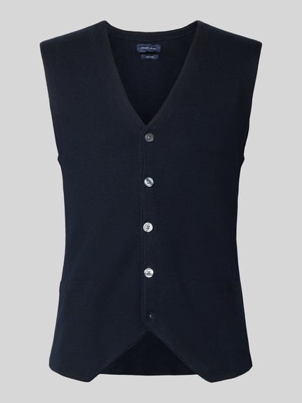 Produktfoto, Slim Fit Weste aus Woll-Mix von Christian Berg Men in Dunkelblau, Strick-Optik, Knopfleiste, V-Ausschnitt, Rückseite kürzer, Rückenlänge bei Größe M: 61 cm