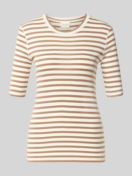 Produktfoto, Skinny Fit T-Shirt mit Rundhalsausschnitt von Closed, gestreift in Beige und Weiß, Halbarm, Baumwoll-Modal-Mix, neutrale Struktur