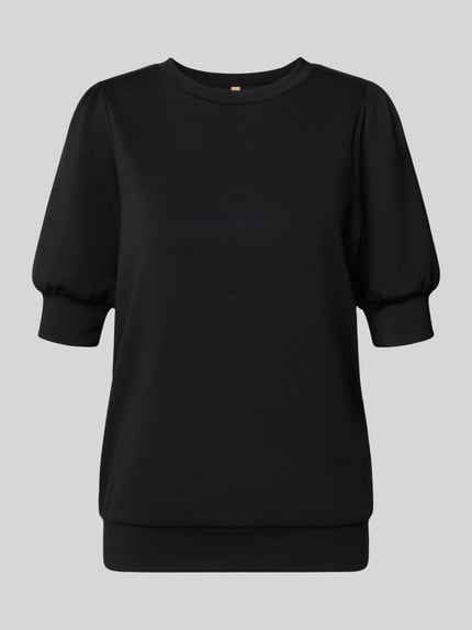 Produktfoto, schwarzes Sweatshirt mit Puffärmeln von SOYACONCEPT, unifarben, strukturierte Jersey-Optik, Rundhals, Modal-Mix