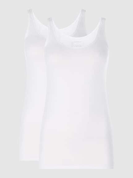 Produktfoto, Slim Fit Top aus katoenmix van Schiesser, dames top met ronde hals, semitransparant ontwerp, wit, glad oppervlak.