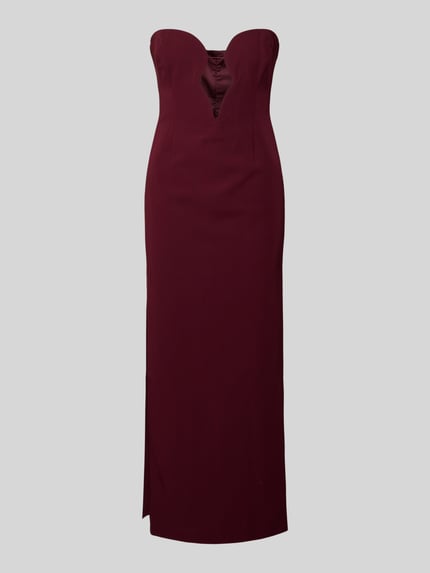 Produktfoto, Bordeauxrotes Midikleid im Off-Shoulder-Look Modell 'ELENI' von Bardot, gerader Schnitt, Cut Out, seitlicher Gehschlitz, Material-Mix