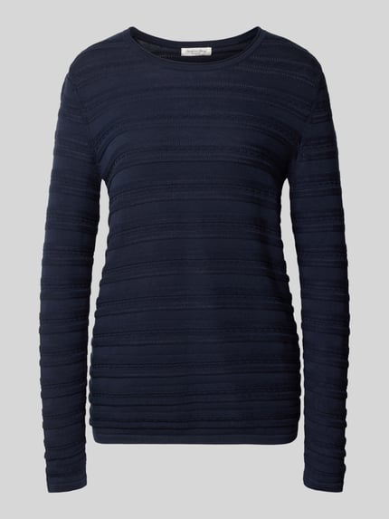 Produktfoto, Regular Fit Pullover aus reiner Baumwolle in Strick-Optik von Christian Berg Woman, dunkelblau, Rundhalsausschnitt, semitransparent, horizontale Streifenstruktur