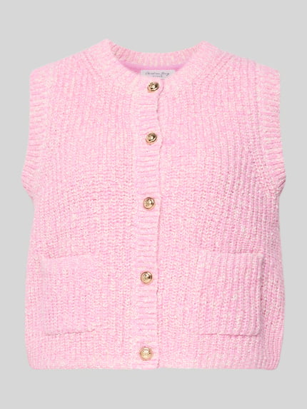 Produktfoto, Strickweste Melange Effekt mit Schmuckknopf von Christian Berg Woman, różowy melanż, krój regular fit, bawełniany miks, ozdobny guzik, ściągacze, okrągły dekolt, listwa guzikowa, kieszenie wpuszczane, długość tyłu w rozmiarze S: 51 cm, wyraźna struktura dzianiny.