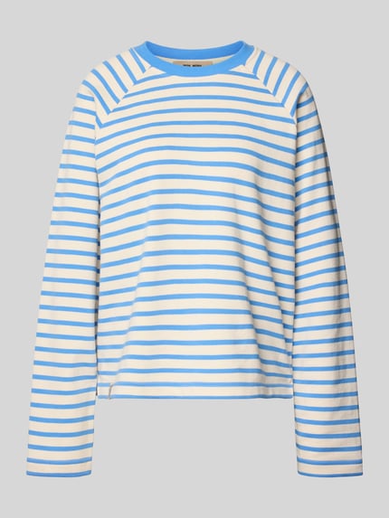 Produktfoto, Sweatshirt mit Raglanärmeln Modell 'Lidy' von MOS MOSH, reine Baumwolle, lockerer Schnitt, Rundhalsausschnitt, blau-weiße Streifen.