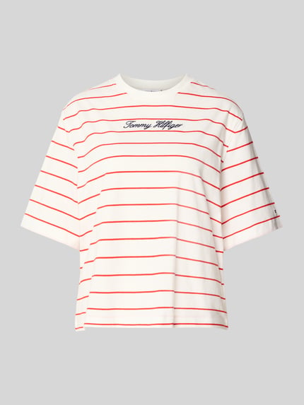 Produktfoto, Regular Fit T-Shirt aus reiner Baumwolle von Tommy Hilfiger Damen T-Shirt, weiß mit roten Streifen, glatte Struktur