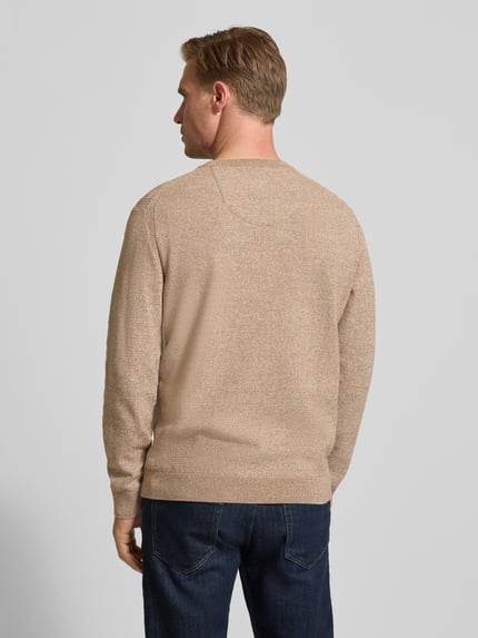 Mannelijk model draagt Regular Fit Strickpullover aus reiner Baumwolle van Tom Tailor, beige, structuur, ronde hals, rugaanzicht.