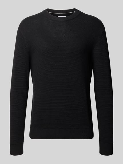 Produktfoto, czarny sweter z dzianiny z bawełny Model 'Ryder' od JACK & JONES, krój slim fit, prążkowane wykończenia, imitacja dzianiny, okrągły dekolt