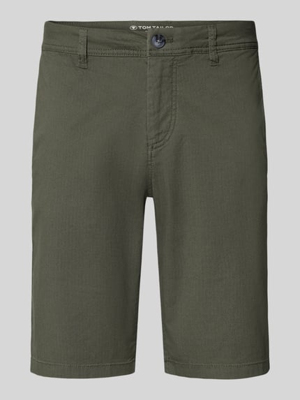 Produktfoto, Slim Fit Chinoshorts aus Baumwoll-Mix von Tom Tailor in Grün, Optik:Allover-Muster, feines Webmuster, Materialverarbeitung: Twill.