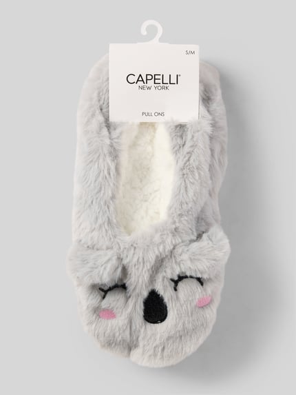 Produktfoto, Kuschelsocken mit Zier-Applikationen Modell 'Koala' von CAPELLI NEW YORK, hellgrau, weiche Textur, Damen, Noppen, Pull-Ons