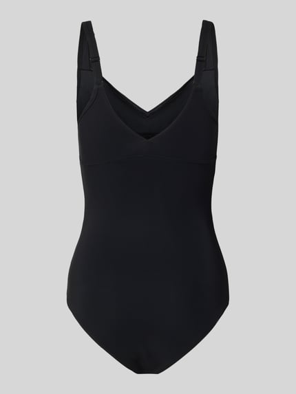 Productfoto, badpak met shaping-effect en V-hals model 'Vertigo' van Arena, zwart, logoprint, verstelbare bandjes, dames, materiaal met patentiert Sensitive® Fabrics, shapewear, chloorbestendig, uv-bescherming, sneldrogend, hoog draagcomfort