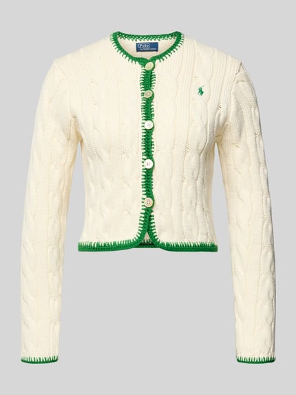 Productfoto, Regular Fit Sweatjacke aus Baumwoll-Mix van Polo Ralph Lauren, effen crème met groene randen, gebreide structuur, logo-stitching