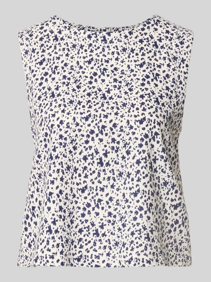 Productfoto, Top met knoopsluiting model 'FALAKKA' van B.Young, straight fit, ronde hals, witte stof met donkerblauwe vlekkenprint, ruglengte 45 cm bij maat 36