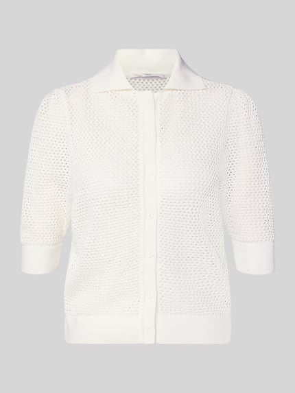 Produktfoto, Strickjacke mit Polokragen und 1/2-Arm von Lanius in Weiß, aus reiner Baumwolle, Regular Fit, Knopfleiste, fein gestrickte Textur