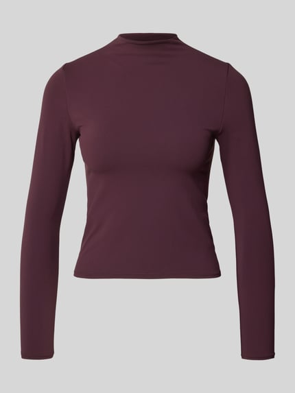 Produktfoto, Slim Fit Longsleeve mit Stehkragen von Fabletics, elastyczna mieszanka materiałów, krój slim fit, stójka, z długim rękawem, długość tyłu w rozmiarze S: 50 cm, bordowy kolor