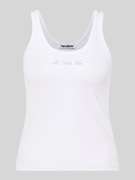 Produktfoto, Tanktop met ronde hals en borduursel van REVIEW, dames tanktop van katoen-elastaanmix, slim fit, witte kleur, zachte textuur, lengte rug maat S 36 cm