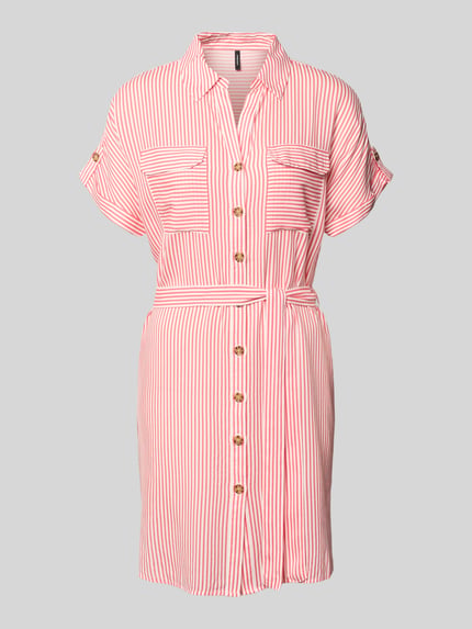 Produktfoto, Fließendes Freizeitkleid aus reiner Viskose Modell 'BUMPY' van Vero Moda, look: effen, pasvorm: fließend, minilengte, V-hals, achterpas, knoopsluiting, korte mouw, materiaalverwerking: popeline, materiaal: zuiver viscose, wit met rode strepen, knopdetails, zachte en lichte textuur