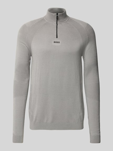 Productfoto, Regular Fit Troyer met scheerwol-aandeel model 'TOUR SEAMLESS QZ' van BOSS Green, effen jacquard, labelstiksel, lange mouw, geribde boorden, halve rits.