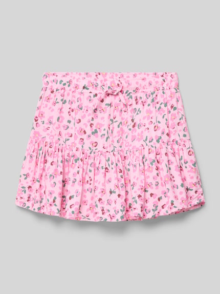 Productfoto, Ausgestellter Mini-Rock aus reiner Viskose Modell 'ZALINA' van Only, roze popeline met all-over bloemenprint, elastische taille, kinder mini, pure viscose, floral motief.