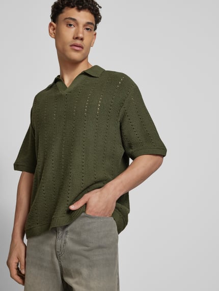 JACK & JONES Relaxed fit poloshirt met ajourpatroon, model 'PAROS' Olijfgroen - 3