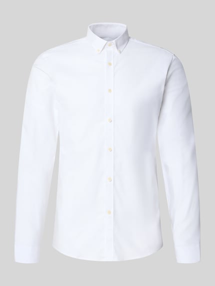 Produktfoto, weißes Regular Fit Freizeithemd aus Baumwoll-Mix Modell 'Oxford' von Lindbergh, glatte Oberfläche, Button-Down-Kragen, einfarbig.