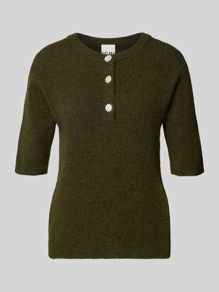 Produktfoto, Regular Fit gebreide pullover met knoopsluiting van ICHI Model 'FANTIA', Dames, wolmix met alpaca, 1/2-mouwen, kleur olijfgroen, fijne zachte textuur, ruglengte maat S 56 cm, mouwlengte 30 cm