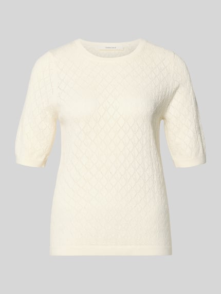 Produktfoto, Regular Fit T-Shirt in Ausbrenner-Optik Modell 'HELEN' von Selected Femme, Damen T-Shirt, Optik: Unifarben, Ausbrenner-Optik, Feinstrickstruktur, Material: Viskose-Mix, Farbe: cremeweiß, strukturierte Oberfläche.