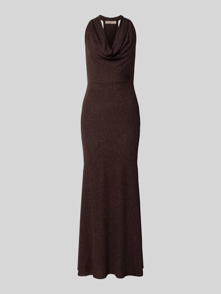 Produktfoto, Slim Fit Abendkleid in Glitzer-Optik von Rinascimento, braune Farbe, Wasserfall-Ausschnitt, ärmellos, elastischer Material-Mix