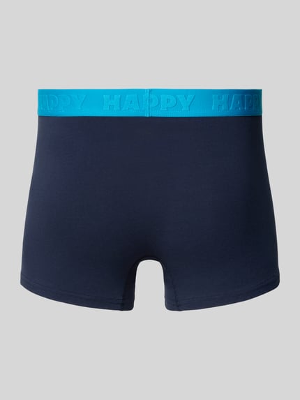 Produktfoto, dunkelblaue Trunks mit türkisblauem elastischem Bund, Baumwoll-Elasthan-Mix, körpernahe Passform, Trunks mit elastischem Bund im 3er-Pack von Happy Socks