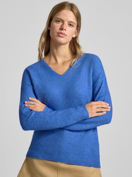 ONLY Sweter z dzianiny o kroju regular fit z dekoltem w serek model ‘CAMILLA’ Niebieski melanż 3