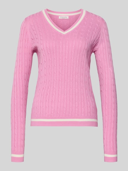 Produktfoto, Slim Fit Longsleeve in Strick-Optik von Christian Berg Woman, bawełniana mieszanka, krój slim fit, różowy, dekolt V, elastyczne wykończenia, długość tyłu w rozmiarze S 58 cm, długość rękawa w rozmiarze S 63 cm