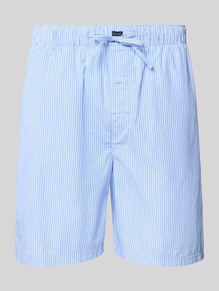 Produktfoto, Regular Fit Pyjama-Shorts mit Logo-Patch van Christian Berg Men in lichtblauw-wit gestreept puur katoen met elastische band en tunnelkoord.