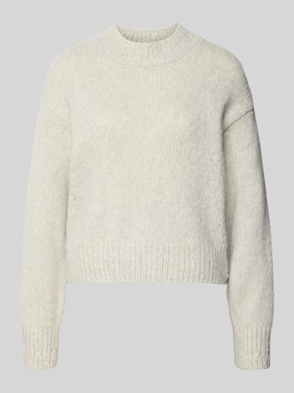 Produktfoto, Pullover aus Wolle Alpaka mit Rippbündchen von MARC CAIN, jednokolorowy, imitacja dzianiny, faktura, krój regular fit, krótki krój, oversize ramiona, okrągły dekolt, długi rękaw, prążkowane wykończenie, dzianina, prążkowana dzianina