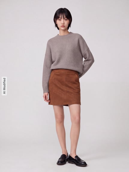 Frauenmodel trägt Ausgestellter Mini-Rock aus reiner Baumwolle Modell 'DONNADINA' von VERO MODA, braun, kombiniert mit grauem Pullover, glatte Textur, Ganzkörperansicht von vorne, KI-modifiziertes Bild.