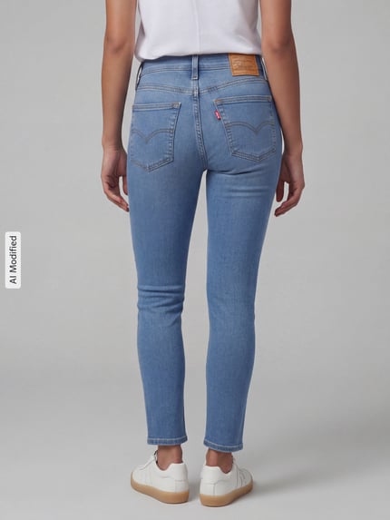 Frauenmodel trägt Skinny Fit Jeans aus Baumwoll-Mix Modell ''721®'' von Levi's® 300 in Hellblau mit sichtbarer Struktur, Ganzkörperansicht Rückansicht, KI-modifiziertes Bild