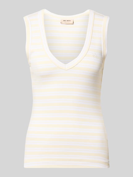 Productfoto, Slim Fit Top met V-hals model 'Elle' van MOS MOSH, zuivere katoen, geel-witte strepen, dames top, lengte 58 cm, maat S