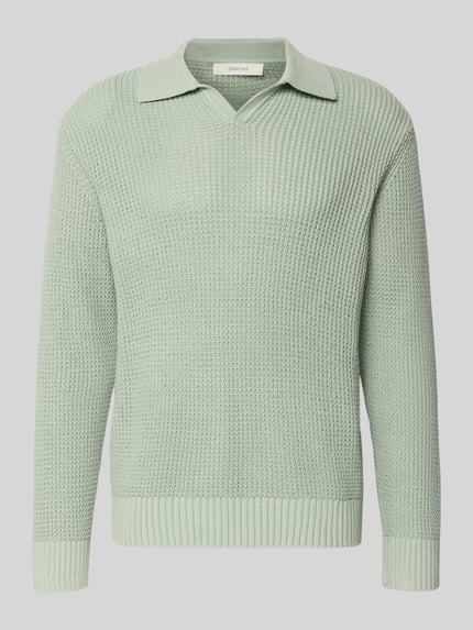 Produktfoto, Gebreide pullover van puur katoen, Model 'DERECK' van Selected Homme, look: effen, relaxed fit, overhemdkraag, lange mouw, rompzoom en mouwboord geribd, grof tricot.