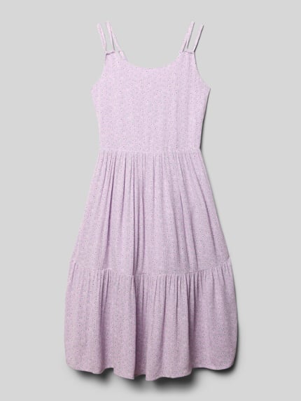 Produktfoto, Tailliertes Freizeitkleid aus reiner Viskose von s.Oliver RED LABEL in Optik:Allover-Muster, Midi-Länge, mit Volant, zarte Pastellfarben, feine glatte Textur