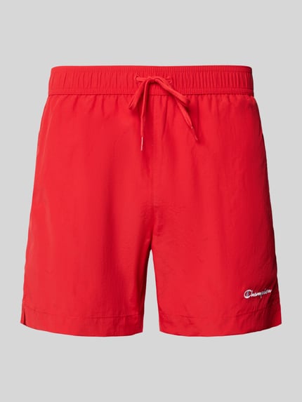 Produktfoto, Badehose mit elastischem Bund und Label-Stitching von CHAMPION in Rot, Regular-Fit, Tunnelzug, glatte Textur