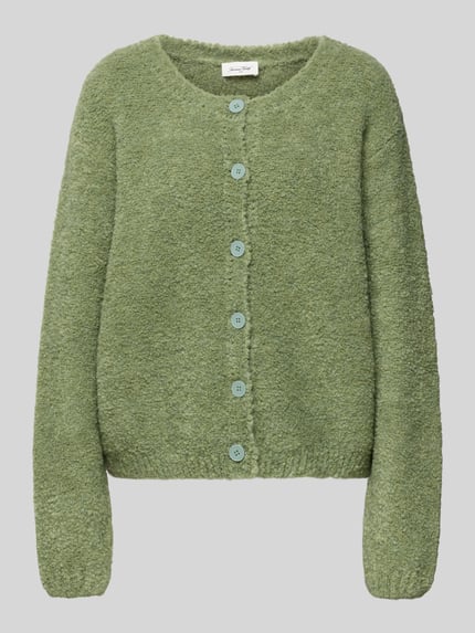 Produktfoto, Strickjacke mit Knopfleiste Modell 'ZOLLY' von American Vintage in hellem Grün, lockerer Schnitt, gerippte Abschlüsse, Wollmix, Rundhalsausschnitt, Textur weich und flauschig.