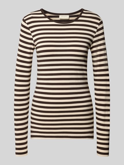 Produktfoto, Skinny Fit Longsleeve aus Viskose-Mix Modell 'Liana' von FREE/QUENT, braun-beige gestreift, weiche Struktur, Rundhalsausschnitt