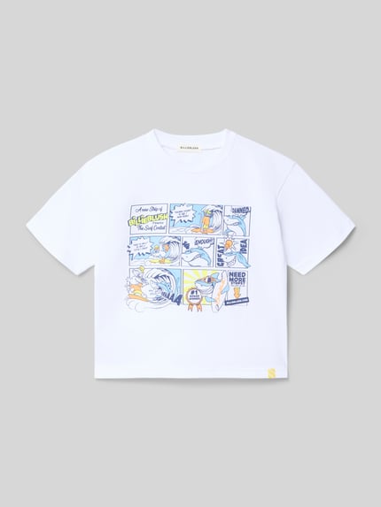 Produktfoto, T-Shirt aus reiner Baumwolle von BILLIEBLUSH, weiß, bunte Comicgrafik vorn, gerader Schnitt, Rundhalsausschnitt, kurzärmelig, Rückenlänge bei Größe 116: 41 cm