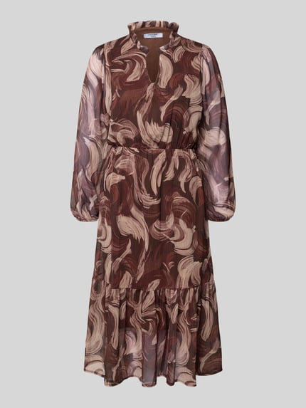 Produktfoto, Midikleid mit V-Ausschnitt Modell 'Za44raa' von ZABAIONE, brązowe i beżowe fale, A-linia, stufenowy fason, lekka tekstura