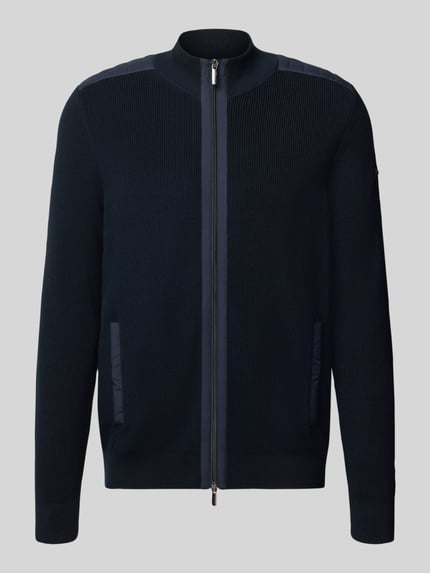 Produktfoto, Cardigan mit Zweiwege-Reißverschluss von bugatti in Dunkelblau mit Stehkragen, Regular Fit, Eingrifftaschen, glatte Struktur