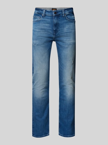 Produktfoto, Slim fit herenjeans Slim Fit Jeans aus Baumwoll-Mix Modell 'DELAWARE BO' van BOSS Oranje, katoenmix, 5-pocketmodel, labelpatch, knoop- en ritssluiting, kleur blauw, patroon met lichte wassingen, bandwijdte 42 cm, binnenbeenlengte 76 cm.