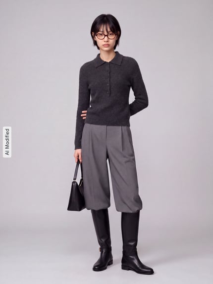 Vrouwenmodel draagt Strickpullover aus Schurwoll-Kaschmir-Mix Modell 'CELLULA' van MM by Max Mara, regular fit, polokraag, knoopsluiting, grijze tinten, zachte textuur, gecombineerd met grijze broek en zwarte laarzen, Ganzkörperansicht von vorne, KI-modifiziertes Bild.