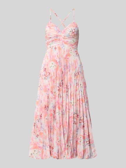 Productfoto, Regular Fit Midikleid in Plissee-Optik van ADLYSH, dames midi-jurk, bloemen all-over print, cut-out, spaghettibandjes, roze tinten, zachte plissétextuur.