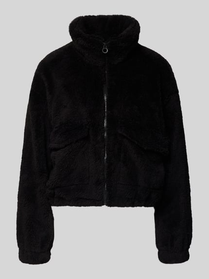 Produktfoto, Loose Fit Fleecejacke met opstaande kraag Model 'ANNA CONTACT' van Only, look: effen zwart, ritssluiting, vordertas, lange mouw, elastische mouwboord, rompzoom met tunnelkoord, materiaalverwerking: kunstwebfell