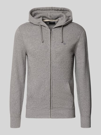 Produktfoto, Regular Fit Sweatjacke aus Baumwoll-Mix mit Label-Detail von Superdry in Grau, Kängurutaschen, elastische Abschlüsse, schlichte Textur